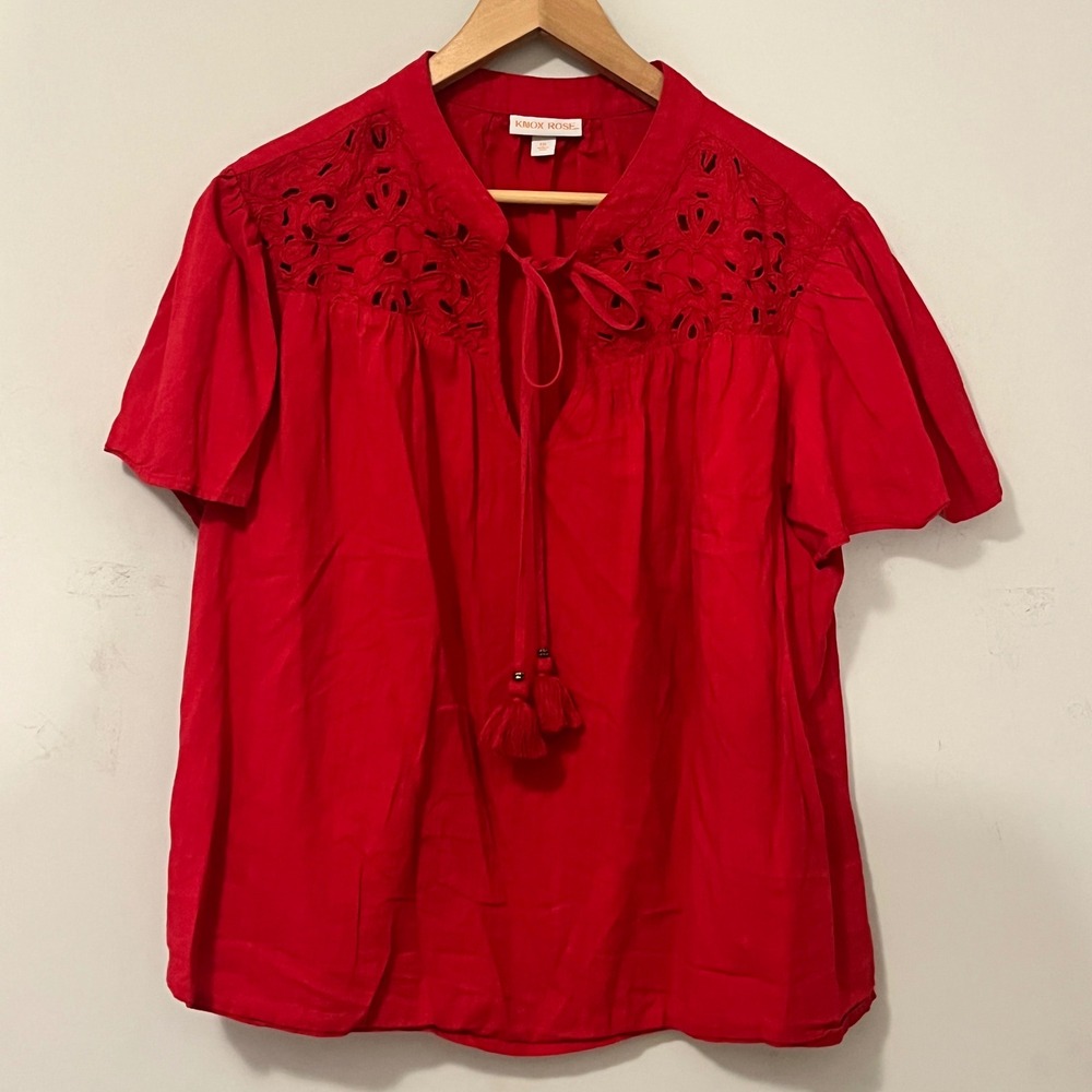 Knox Rose Boho Eyelet Peasant Top Red XXL Embroidered Tassel Blouse